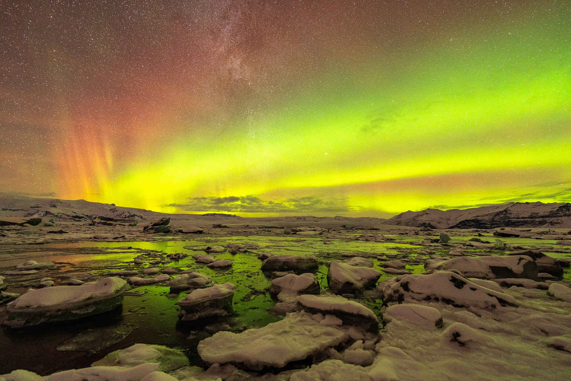 Aurora boreal a Jökullsärlón, Islàndia